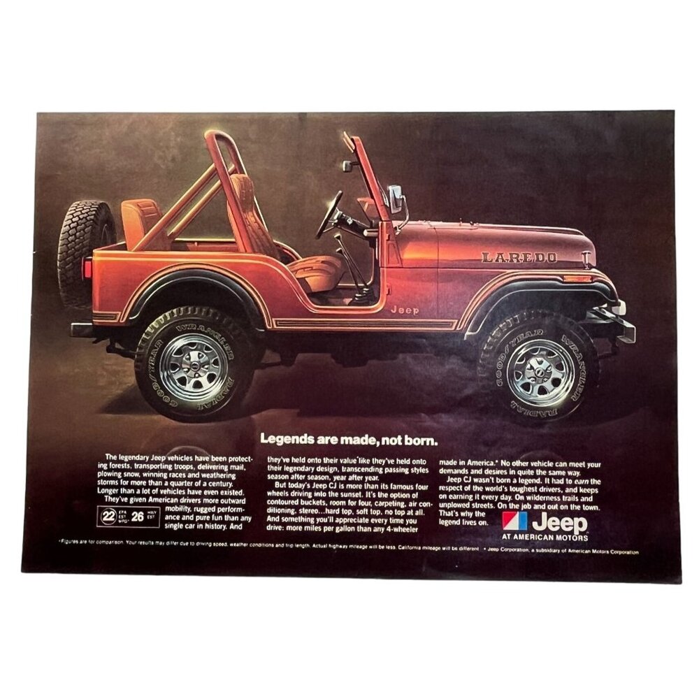 1980 Jeep Laredo Print Ad Vintage American Motors Legends are Made Not Born